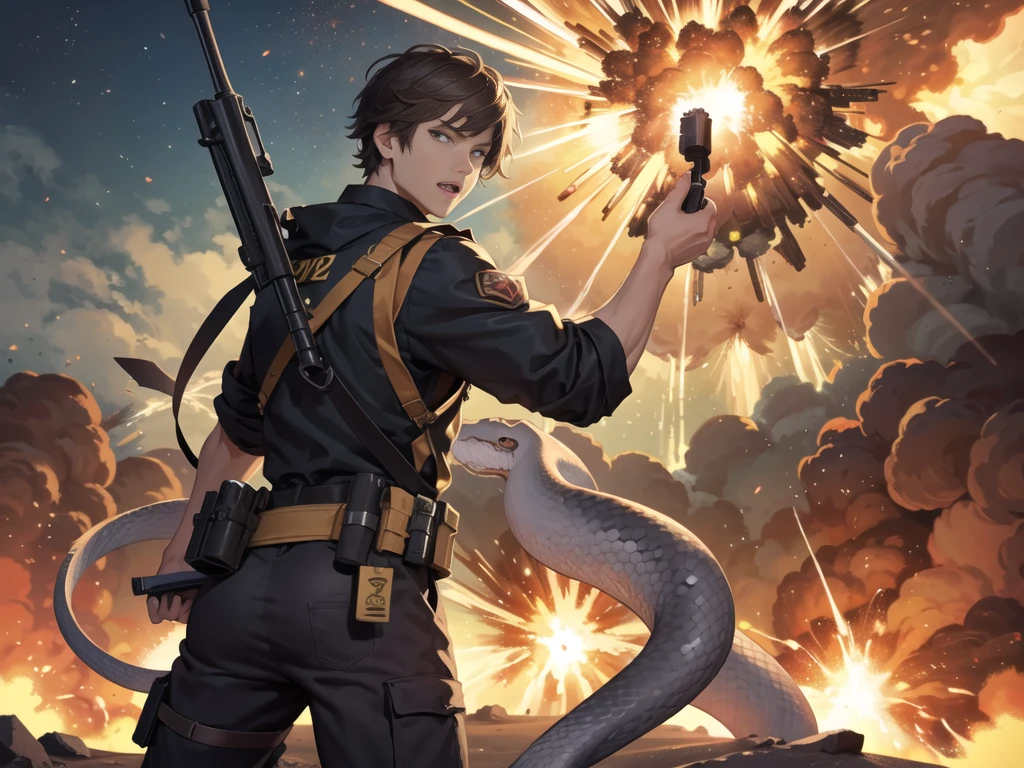 Masterpiece, best quality, Large snake, look at viewer, stand,gun possession, desert ,(explosion from gun:1.5) , (lots of smoke)