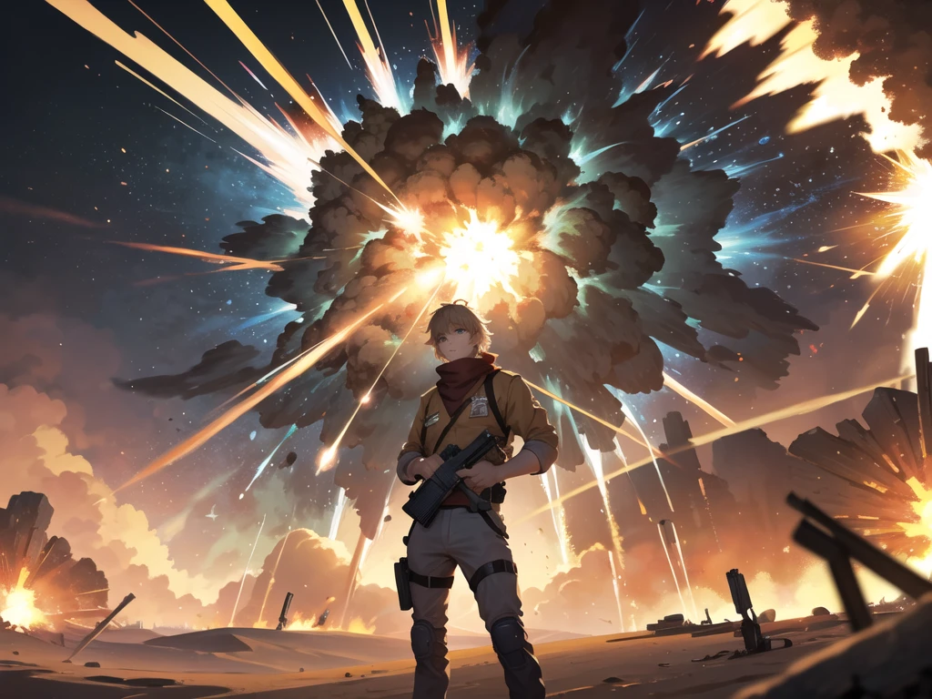 Masterpiece, best quality, Large snake, look at viewer, stand,gun possession, desert ,(explosion from gun:1.5) , (lots of smoke)