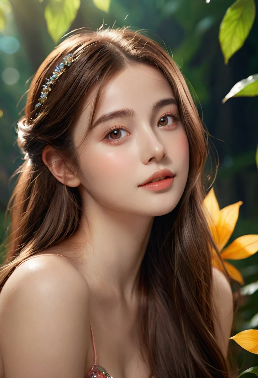 (character,20-year-old girl,adventurous fairy,beautiful,happy,brown hair,long hair),(best quality,4k,8k,highres,masterpiece:1.2),ultra-detailed,(realistic,photorealistic,photo-realistic:1.37),fantasy,portrait,vibrant colors,soft lighting,detailed face,detailed eyes,detailed lips,detailed skin,detailed clothes,detailed accessories,detailed background,cinematic,dramatic lighting,magical,whimsical, (symmetrical face:1.5),