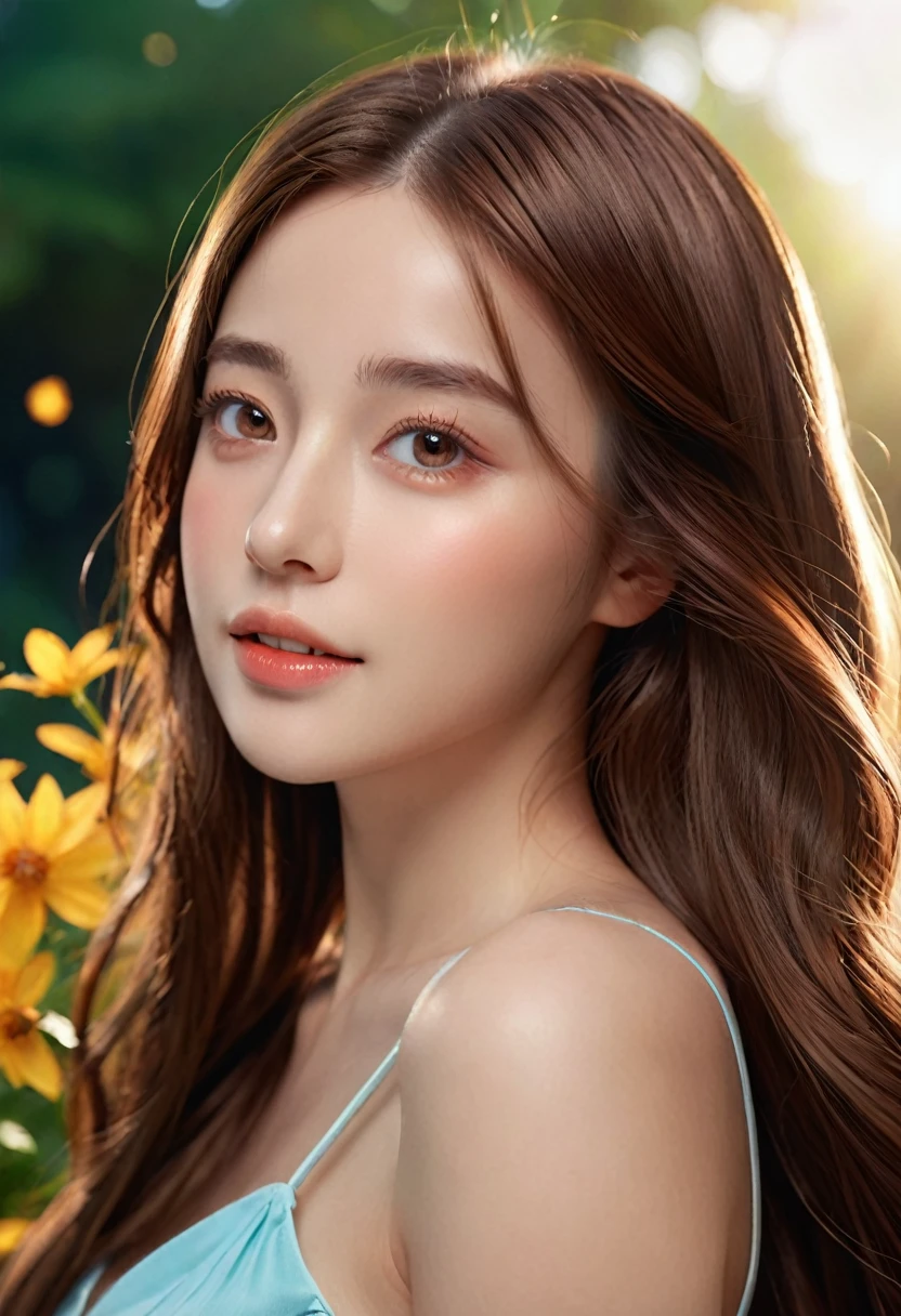 (character,20-year-old girl,adventurous fairy,beautiful,happy,brown hair,long hair),(best quality,4k,8k,highres,masterpiece:1.2),ultra-detailed,(realistic,photorealistic,photo-realistic:1.37),fantasy,portrait,vibrant colors,soft lighting,detailed face,detailed eyes,detailed lips,detailed skin,detailed clothes,detailed accessories,detailed background,cinematic,dramatic lighting,magical,whimsical, (symmetrical face:1.5),