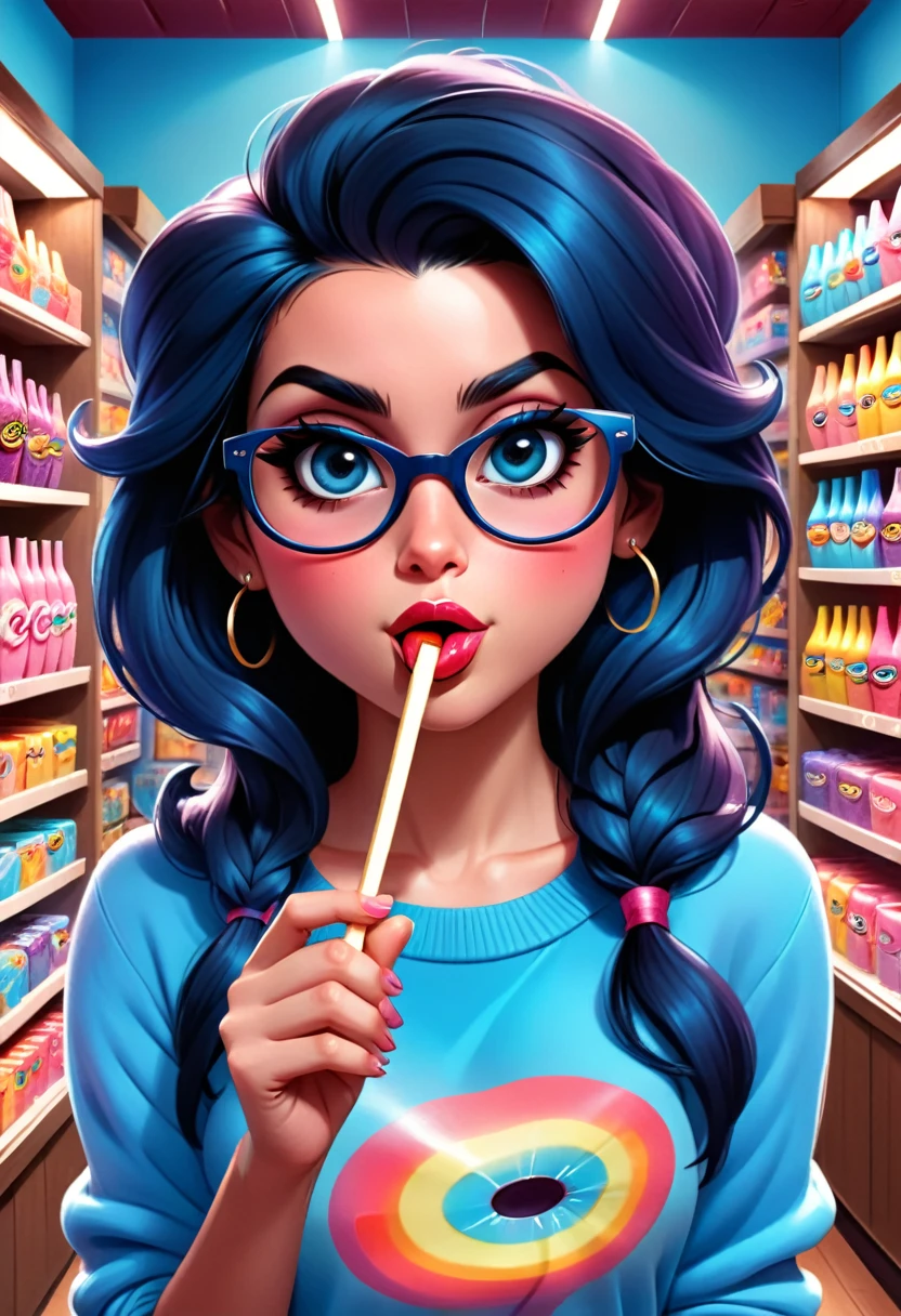 Amy Winehouse black eyes, Best Quality, Masterpiece, dark very detailed symmetrical eyes, glasses, blue sweater, eating a popsicle, girl, very detailed background, (in a candy store), Hyper realistic, cinematic lighting, Studio quality, 8K resolution, Masterpiece, Pixar style, por Tristan Eaton Stanley Artgerm y Tom Bagshaw