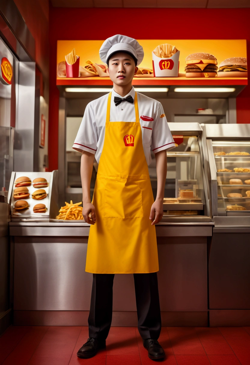 (a Fast Food Worker), full body, award-winning, cinematic still, emotional, vignette, dynamic, vivid, (masterpiece, best quality, Professional, perfect composition, very aesthetic, absurdres, ultra-detailed, intricate details:1.3), by fenghua zhong