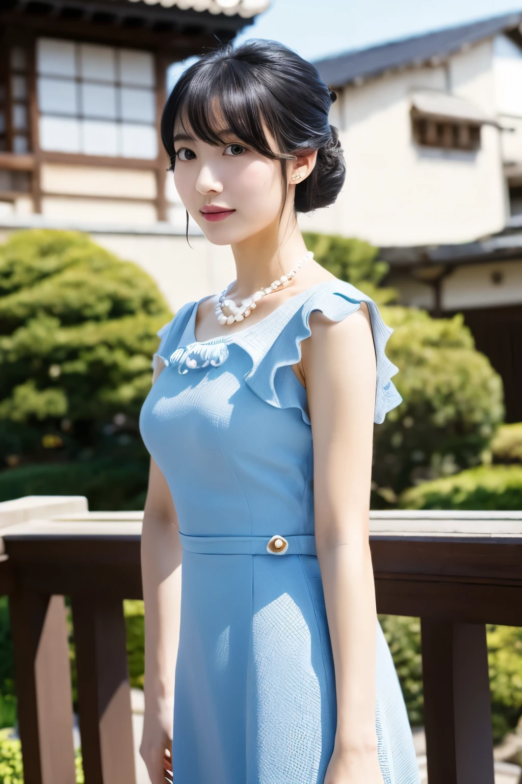 a high-quality, hyper-realistic portrait of a skinny 30-years-old Japanese woman dressed in an elegant, light blue outfit. She has short, neatly styled black hair. Her attire includes a light blue textured dress with a pearl necklace and a brooch on her left shoulder. She is also wearing white gloves and holding a small, gold-colored object. The background should depict an outdoor setting with a slightly blurred, traditional Japanese architectural backdrop to keep the focus on the woman. Ensure the image has detailed facial features, expressive eyes, and an anatomically correct body structure. The overall composition should be dignified and elegant, capturing the poise and grace of the woman.