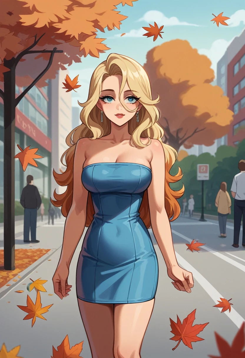 Jenna Fischer, blonde, 25 years old, very classy, model fashion shoot, hair down, bangs, hair between eyes, wearing tube mini dress, (outdoors, new york, autumn setting, autumn leaves), beautiful eyes, flirting with the camera, gorgeous hair, flirty, makeup, 135mm, Canon, f/16, UHD, anatomically correct, masterpiece, textured skin, super detail, high details, high quality, highres, 8k