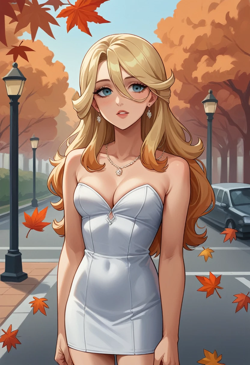 Jenna Fischer, blonde, 25 years old, very classy, model fashion shoot, hair down, bangs, hair between eyes, wearing tube mini dress, (outdoors, new york, autumn setting, autumn leaves), beautiful eyes, flirting with the camera, gorgeous hair, flirty, makeup, 135mm, Canon, f/16, UHD, anatomically correct, masterpiece, textured skin, super detail, high details, high quality, highres, 8k