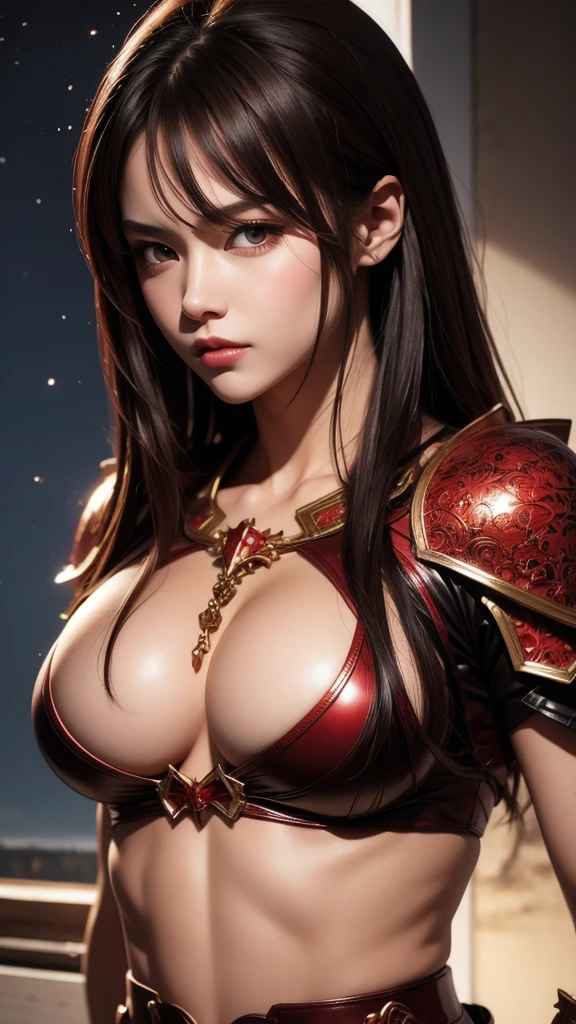 Realistic lighting, Top Quority, 8K Resolution, (masterpiece: 1.3), (Clear focus: 1.2),1 Girl, delicate face, big double eyelids, Sexy expression, Body perfect anatomy, (perfect body: 1.6), (large chest 1.7), long and dark brown hair, (best chest: 1.8), armor, long knife, magia, exterior, (night: 1.1 ),1080p, hyper HD, textureskin, super detailed, best quality, high detail, highest quality.