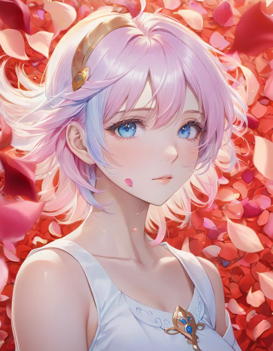 Anime girl with pink hair and blue eyes surrounded by rose petals, Portrait of a girl in the Knights of the Zodiac, Stunning Anime Face Portraits, Detailed digital anime art, Gwaiz, Beautiful anime portraits, Inspired by Yanjun Chen, 8k high quality detailed art, artwork in the style of Gwaiz, Smooth anime CG art, Yanjun Chent, Cute realistic portrait