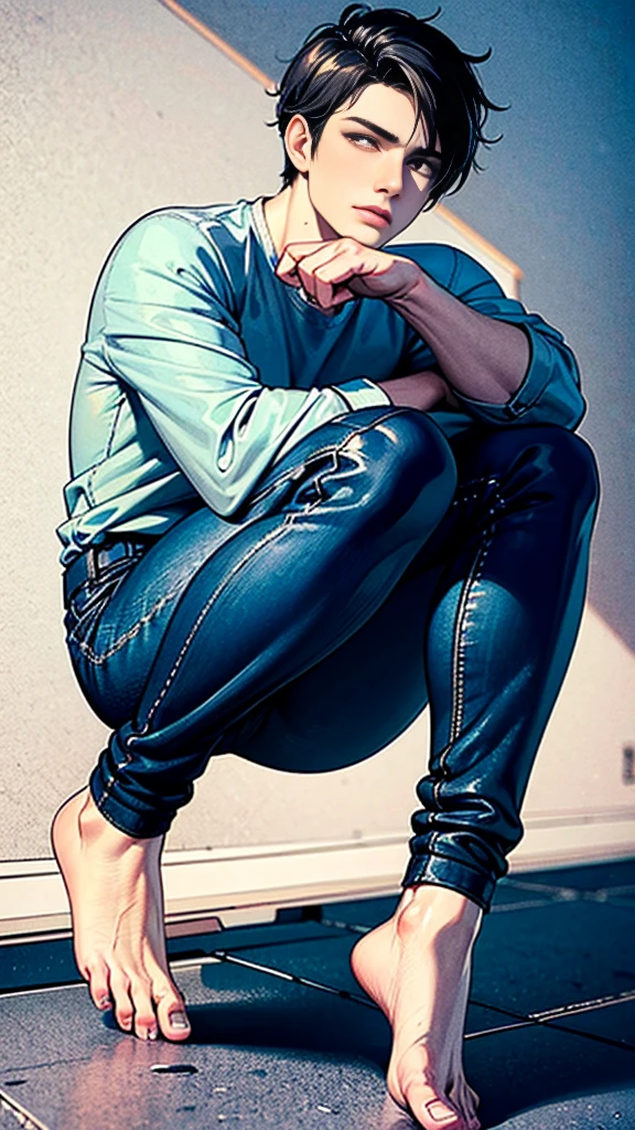The person is also generated vertically.Create a highly detailed image of a mysterious and thoughtful young man in a crouched position. The character should have spiky black hair, large expressive eyes with dark circles, and a pale complexion. He is dressed in a loose-fitting white long-sleeve shirt and dark blue jeans. His pose is distinctive, with one hand near his mouth and the other resting on the ground for balance, and he is barefoot. Background is a little horror.
