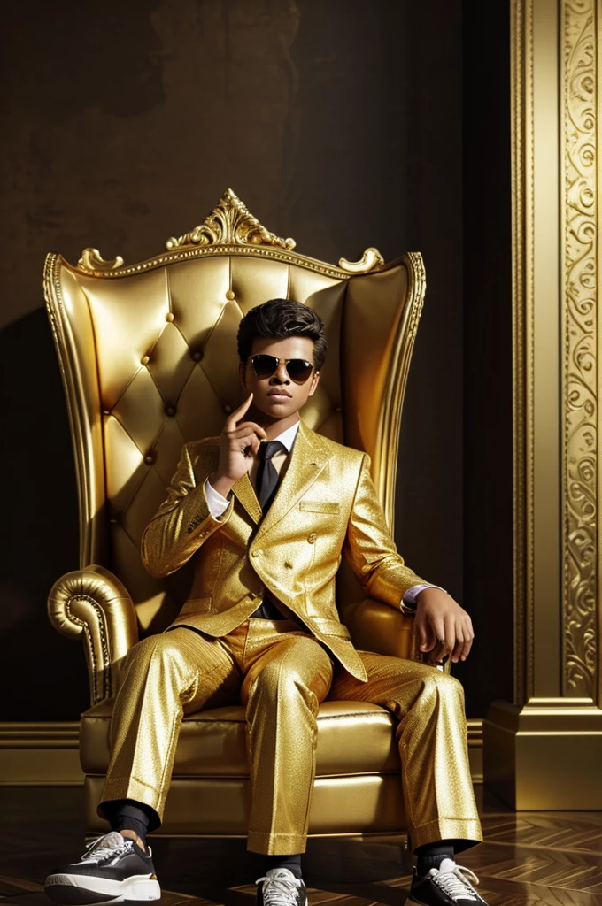 Create realistic picture where a BOY in a Golden shirt suit casually on
a Wingback Chair. Wearing sneakers and sunglasses, he is looks
ahead. The background features "The King'" in big and capital 3D gold
texture fonts on the black wall and YouTube home page with a profile
photo.

