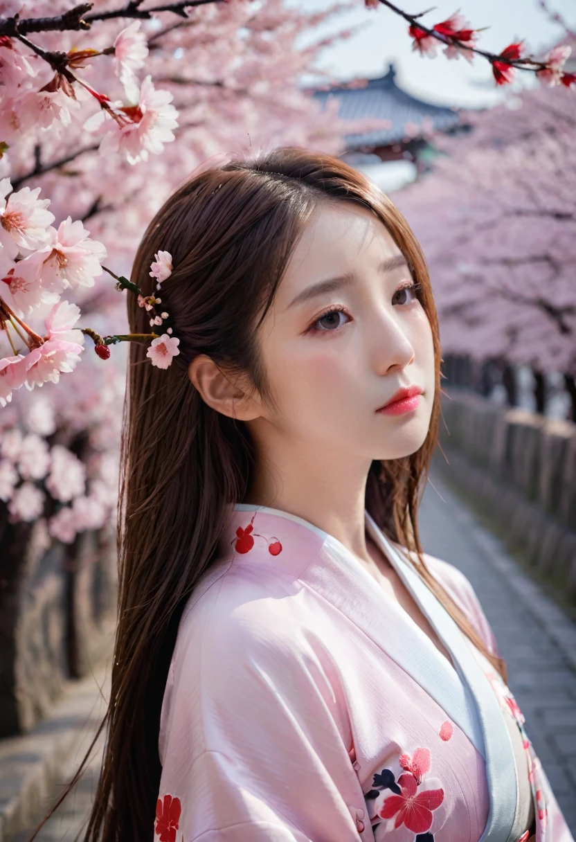 One girl, Upper Body, Expressionless, kimono, Long Hair, alone, cherry blossoms, View your viewers,