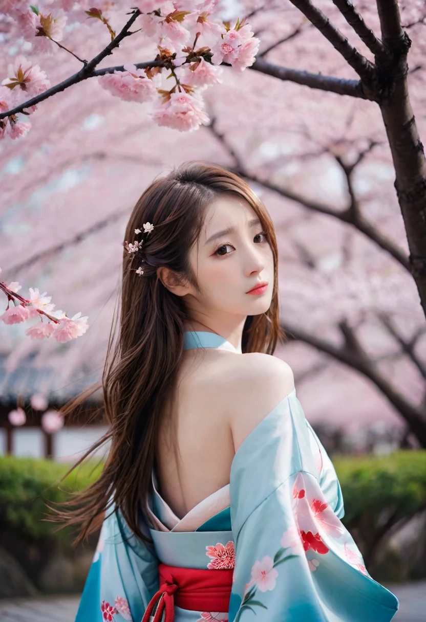 The eyes of a young, beautiful, naked Japanese woman in the sex industry dancing in a park at night with cherry blossoms in full bloom looking back at her with a tearful face. Focal length 100mmf/2.8, spring night, quiet park at night, cherry blossoms in full bloom, well-shaped face, expression trying to smile while holding back sadness, long hair swaying in the night breeze, toned body, transparent skin, arms Large movements, maximum close-up of eyes, sense of realism, sense of dynamism, 8K image quality, highest quality.
