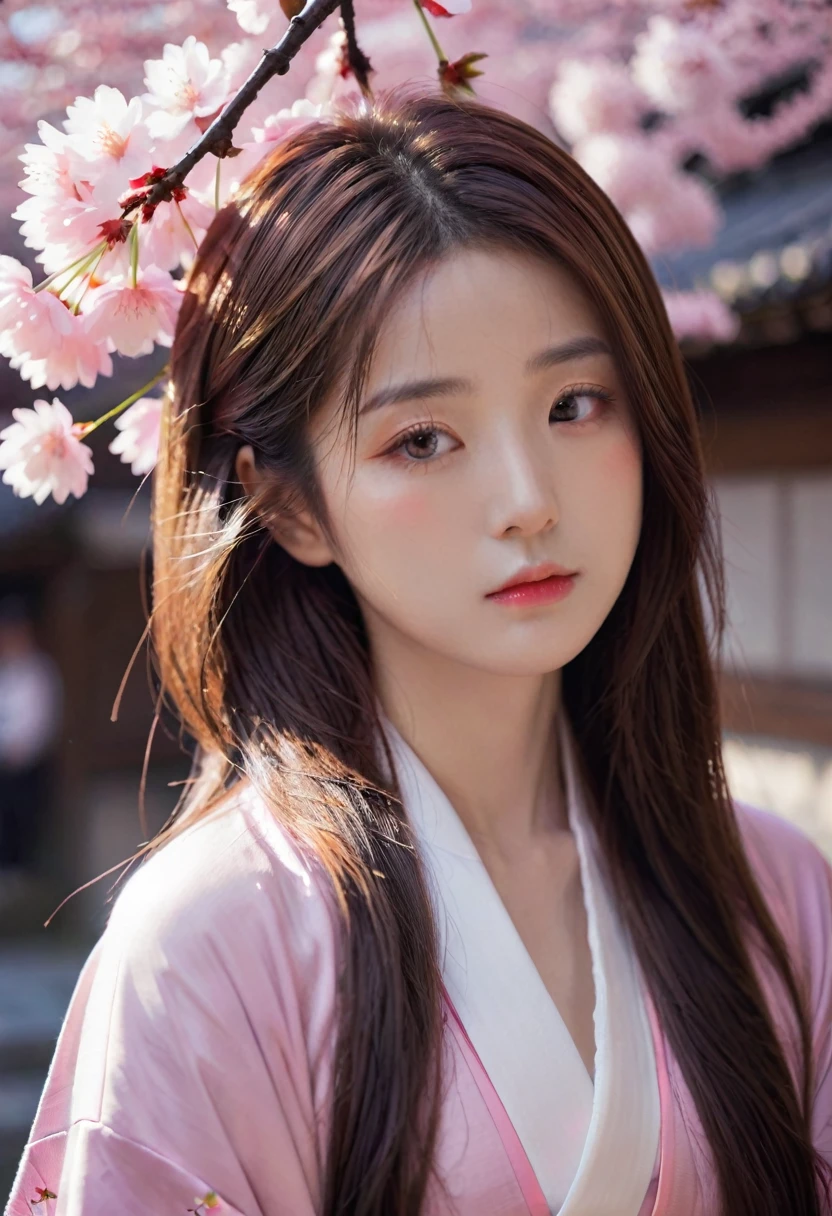 One girl, Upper Body, Expressionless, kimono, Long Hair, alone, cherry blossoms, View your viewers,