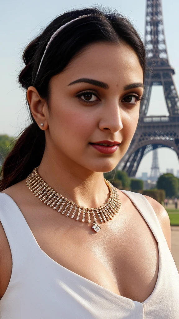 extreme close up photo of most beautiful kiara, sexy figure, awesome breasts, selfie with Eiffel tower, pretty banded pigtails, amazing necklace, beautiful white dress, 4K, HD