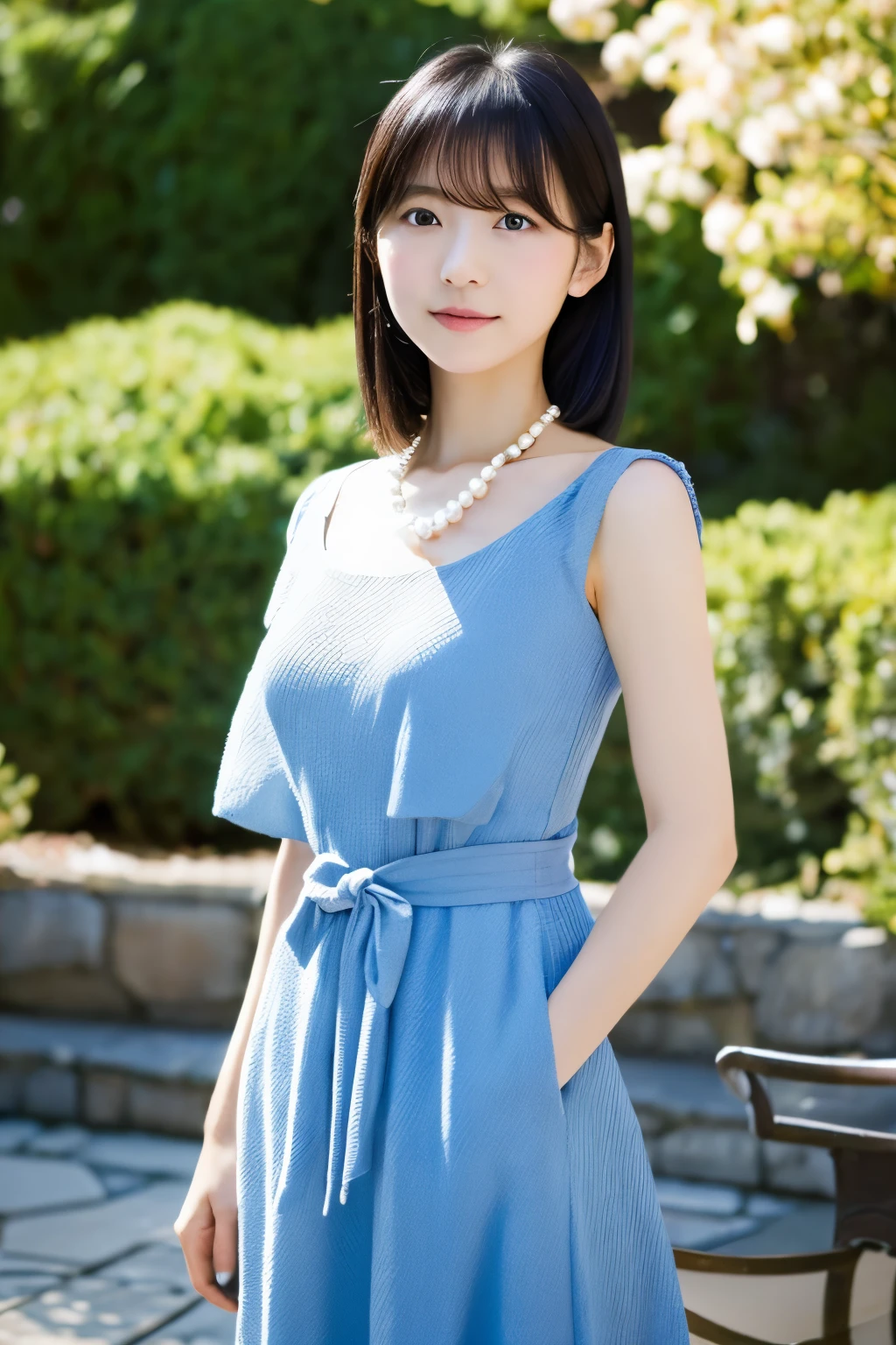 a high-quality, hyper-realistic portrait of a skinny 30-years-old Japanese woman dressed in an elegant, light blue outfit. She has short, neatly styled black hair. Her attire includes a light blue textured dress with a pearl necklace and a brooch on her left shoulder. She is also wearing white gloves and holding a small, gold-colored object. The background should depict an outdoor setting with a slightly blurred, traditional Japanese architectural backdrop to keep the focus on the woman. Ensure the image has detailed facial features, expressive eyes, and an anatomically correct body structure. The overall composition should be dignified and elegant, capturing the poise and grace of the woman.