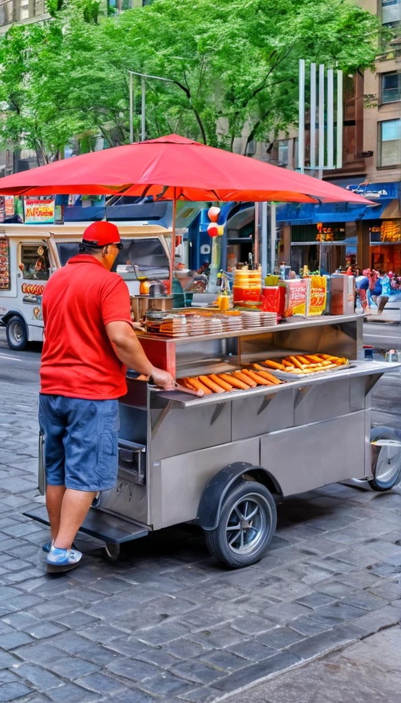 A food truck, a fast food worker, a cook in a food truck, preparing a hot meal, steam rising, delicious aromas, dynamic composition, cinematic lighting, vibrant colors, photorealistic, 8K, hyper detailed, masterpiece