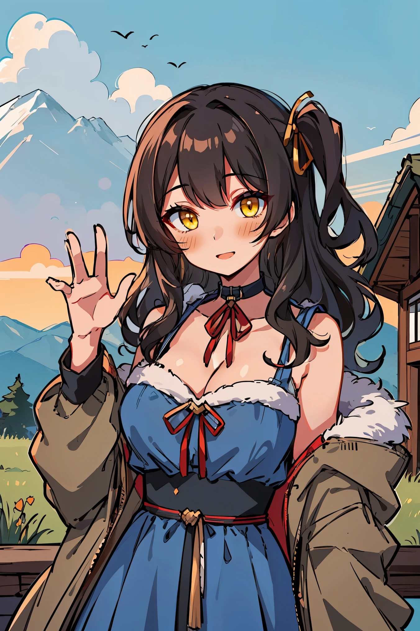 (masterpiece:1.2), (high quality:1.2), (hui xiyi:0.7), rekkyo sensen, rekkyou sensen, girls with((1girl, solo, black hair, yellow eyes, (wavy medium hair, one side up:1.3), blush, breasts, choker, cleavage, coat, cowboy shot, blue dress, black waist ribbon belt, red bow, red ribbon, neck ribbon, fur, khaki jacket, hood down, hooded coat, hooded jacket, hoodie, jacket, large breasts, long hair, long sleeves, medium breasts, open clothes, open coat,open hoodie, sleeveless, winter clothes, zipper, cleavage, upper body, hand up, waving, palm)), background with((architecture, blue sky, bush, castle, village, no humans, cloud, cloudy sky, day, field, garden, grass, hill, house, lamppost, landscape, mountain, mountainous horizon, nature, no humans, outdoors, scenery, shrine, sky))