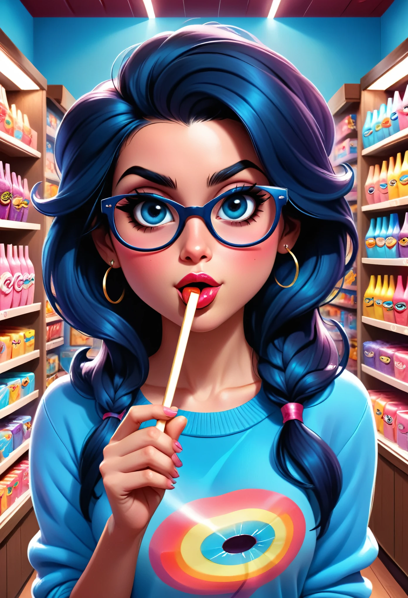 Amy Winehouse black eyes, Best Quality, Masterpiece, dark very detailed symmetrical eyes, glasses, blue sweater, eating a popsicle, girl, very detailed background,  (in a candy store), Hyper realistic, cinematic lighting, Studio quality, 8K resolution, Masterpiece, Pixar style, por Tristan Eaton Stanley Artgerm y Tom Bagshaw