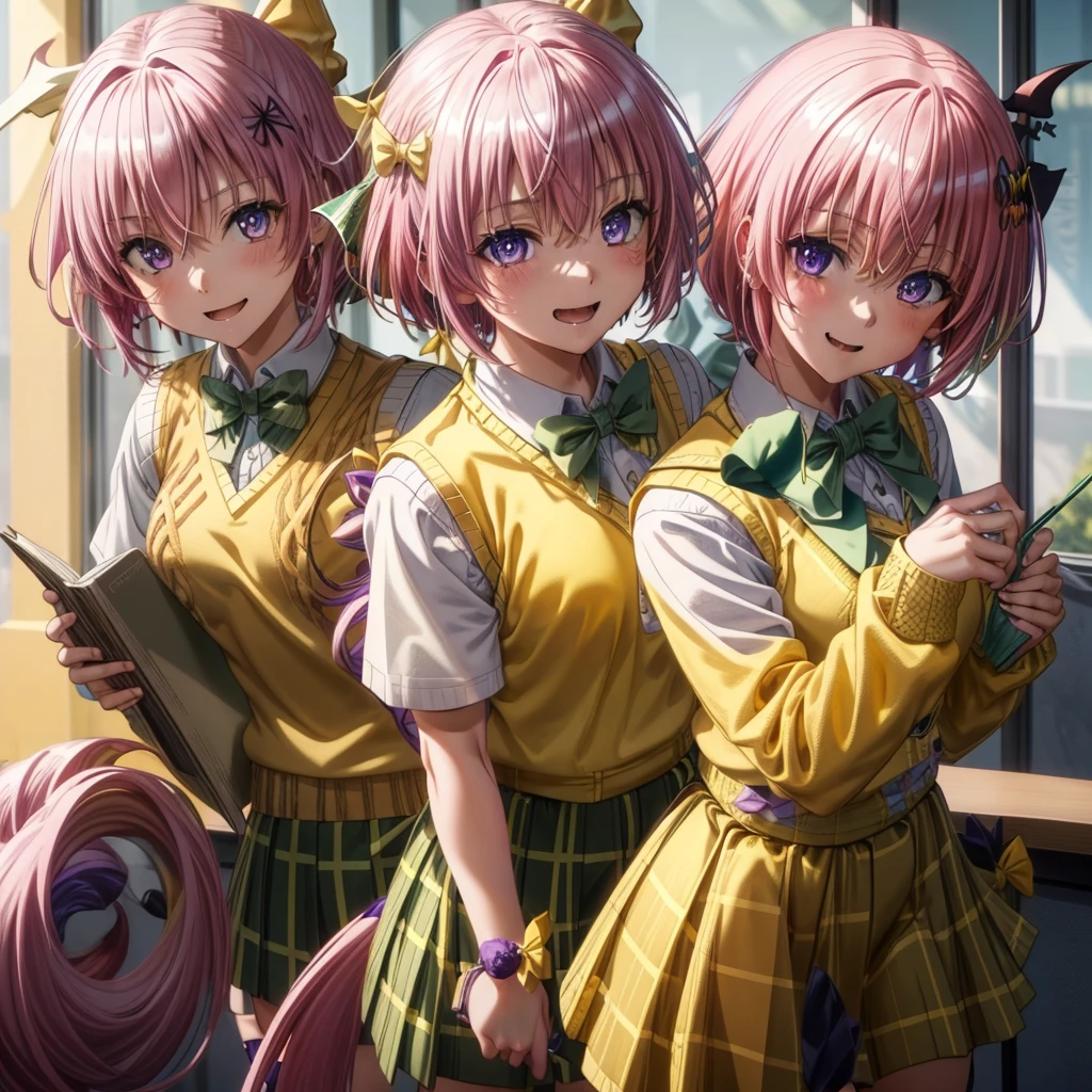 Momodebilke, Deviluke Type, demon tail, Hair Flowers, hair ornaments, (Purple eyes:1.1), Pink Hair, short hair, tail, smile，do，Highest quality，
break demon tail, green skirt, Plaid, Plaid skirt, Sainan High , , skirt, Sweater vest, Knee socks,Standing posture， (Yellow Sweater:1.5), Short sleeve, bow, (green bow:1.5),
break indoors, classroom,
break looking at viewer, (Cowboy Shot:1.5),
break (傑do:1.2), Highest quality, High resolution, unity 8k wallpaper, (figure:0.8), (beautiful detailed eyes:1.6), extremely detailed face, Perfect lighting, extremely detailed CG, (Perfect hands, Perfect Anatomy),