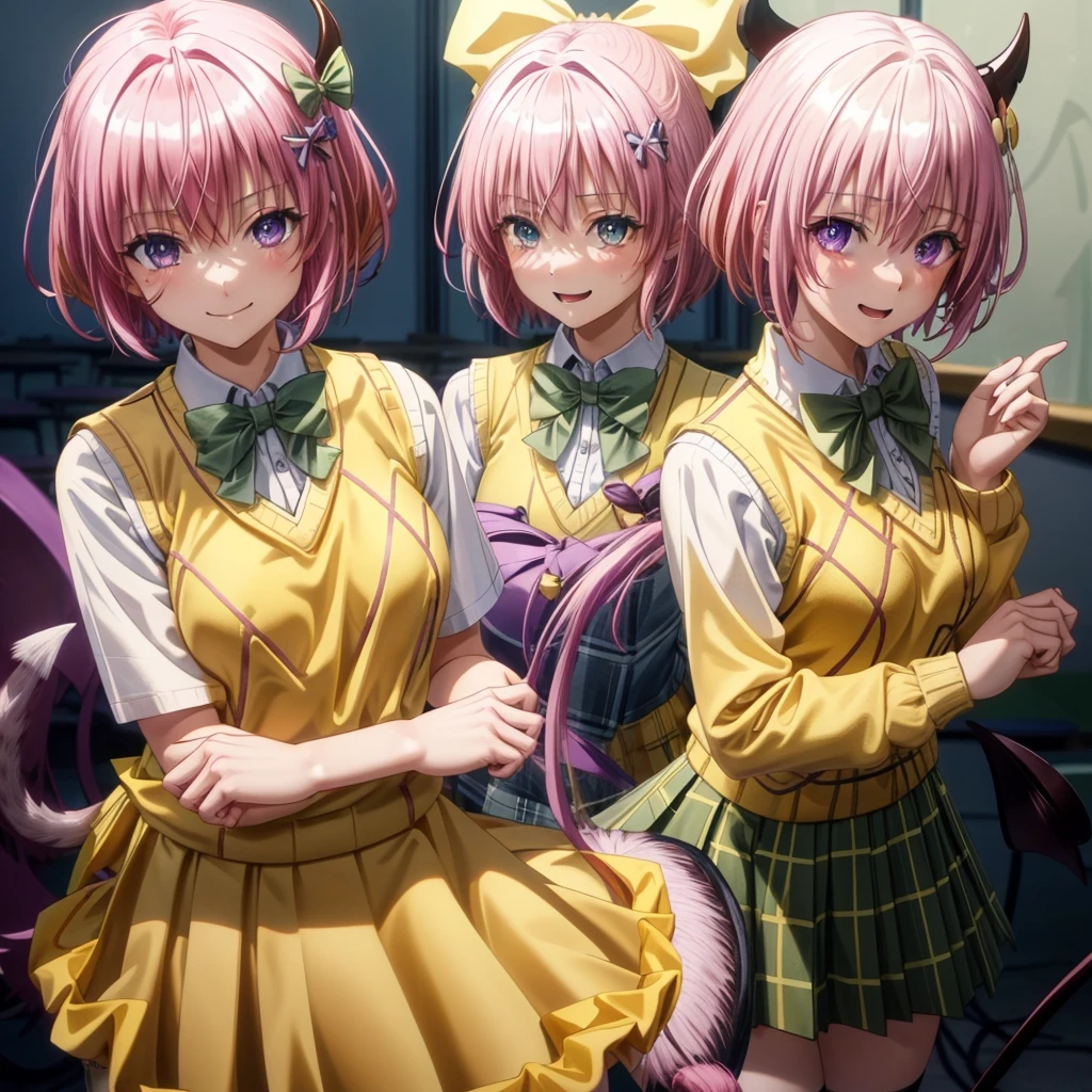 Momodebilke, Deviluke Type, demon tail, Hair Flowers, hair ornaments, (Purple eyes:1.1), Pink Hair, short hair, tail, smile，do，Highest quality，
break demon tail, green skirt, Plaid, Plaid skirt, Sainan High , , skirt, Sweater vest, Knee socks,Standing posture， (Yellow Sweater:1.5), Short sleeve, bow, (green bow:1.5),
break indoors, classroom,
break looking at viewer, (Cowboy Shot:1.5),
break (傑do:1.2), Highest quality, High resolution, unity 8k wallpaper, (figure:0.8), (beautiful detailed eyes:1.6), extremely detailed face, Perfect lighting, extremely detailed CG, (Perfect hands, Perfect Anatomy),