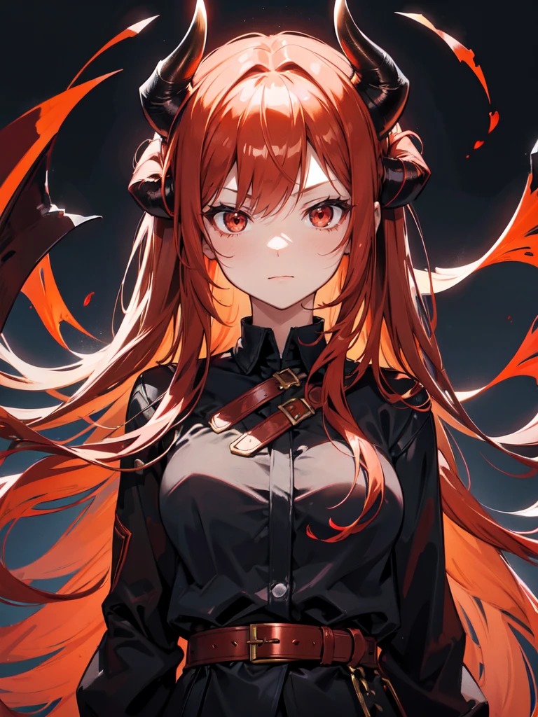 Girl with light copper-amber hair, dark red eyes , sexy dark clothes, sly facial expression, , on the head there are black small demonic horns, average build , belt art , high detail studio light