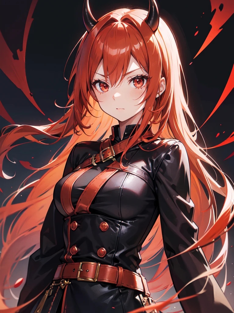 Girl with  light copper-amber hair, dark red eyes , sexy dark clothes, sly facial expression, , on the head there are black small demonic horns, average build , belt art , high detail studio light