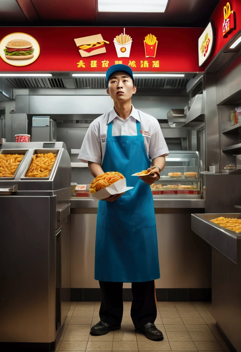 (a Fast Food Worker), full body, award-winning, cinematic still, emotional, vignette, dynamic, vivid, (masterpiece, best quality, Professional, perfect composition, very aesthetic, absurdres, ultra-detailed, intricate details:1.3), by xu beihong