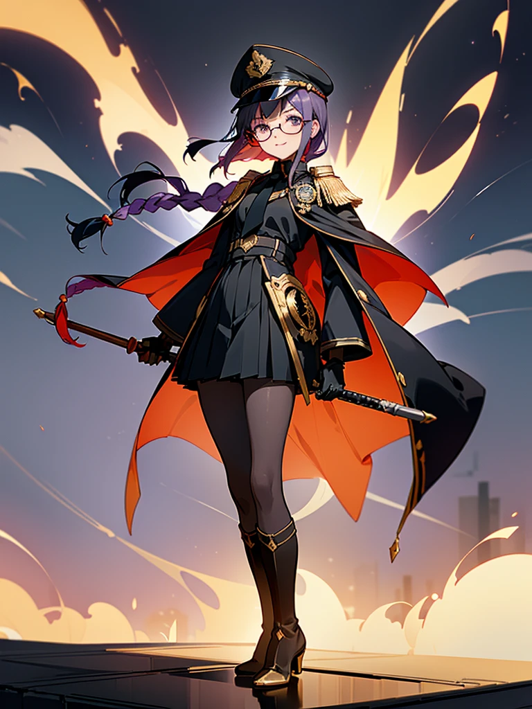 realisitic, City Deserted, Pile of rubble, Brick building, a one woman (18 years old, far away blackw hair, far away slits, Eyes red, glare eyes, 精致的面容, standing (In floor, feet shoulder-width apart), Lolita style military uniform (blackw base, Red Insert, golden decoration, volantes, wide sleeves, dainty and delicate detailing armors), blackw far away gloves (blackw, Red Insert, golden decoration, small hands, armors), blackw far away gloves, knee high boots (blackw, high-heels, red soles), ha (blackw, aba dourada, shield emblem, delicate details), arms in front, Front of belly, Holding military swords with both hands (blackw, golden decoration, delicate detail, Handle at the top, Ground-facing blade, in front of the body, far away), night sky (blackw, stele, Increased flames and smoke) Pale painting style, One Girl, super high quality, Super Detail, Super Detailed image, long hair, looking at viewer, skirt, shirt, hair ornament, violet eyes, gloves, round glasses, long sleeves, hat, closed mouth, jacket, violet hair, braid, open clothes, necktie, black gloves, black skirt, uniform, single braid, open jacket, black jacket, black headwear, 手链, peaked cap, black necktie, cropped jacket, military hat, pantyhose, Flat Chest, smile, Black Cape