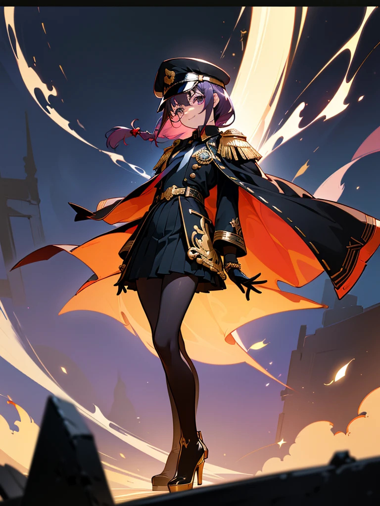 realisitic, City Deserted, Pile of rubble, Brick building, a one woman (18 years old, far away blackw hair, far away slits, Eyes red, glare eyes, 精致的面容, standing (In floor, feet shoulder-width apart), Lolita style military uniform (blackw base, Red Insert, golden decoration, volantes, wide sleeves, dainty and delicate detailing armors), blackw far away gloves (blackw, Red Insert, golden decoration, small hands, armors), blackw far away gloves, knee high boots (blackw, high-heels, red soles), ha (blackw, aba dourada, shield emblem, delicate details), arms in front, Front of belly, Holding military swords with both hands (blackw, golden decoration, delicate detail, Handle at the top, Ground-facing blade, in front of the body, far away), night sky (blackw, stele, Increased flames and smoke) Pale painting style, One Girl, super high quality, Super Detail, Super Detailed image, long hair, looking at viewer, skirt, shirt, hair ornament, violet eyes, gloves, round glasses, long sleeves, hat, closed mouth, jacket, violet hair, braid, open clothes, necktie, black gloves, black skirt, uniform, single braid, open jacket, black jacket, black headwear, 手链, peaked cap, black necktie, cropped jacket, military hat, pantyhose, Flat Chest, smile, Black Cape