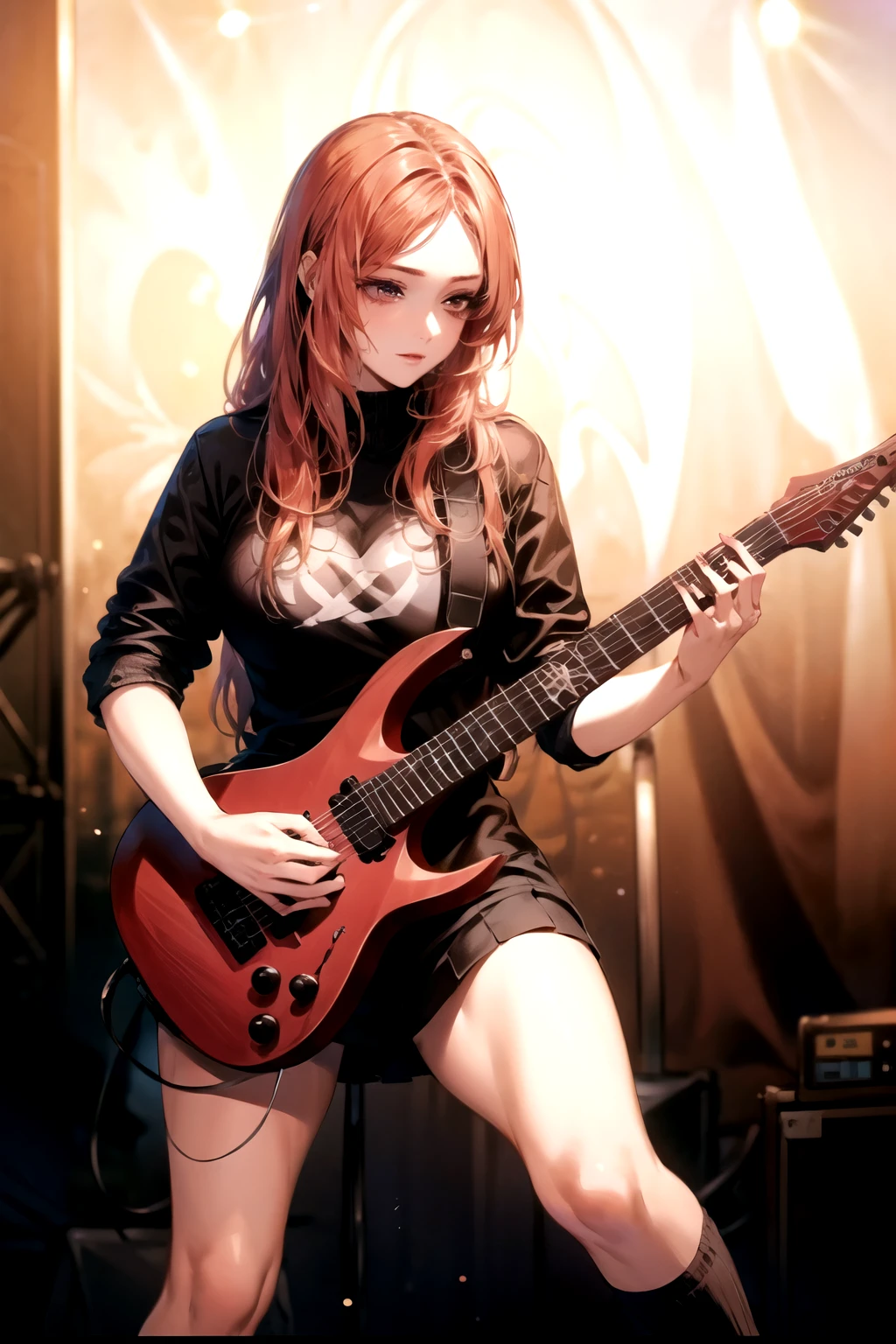 ((best quality)), ((masterpiece)), (detailed), 1girl, high , long hair, Red hair, guitar, holding a guitar, Punk style ,dynamic pose, big breasts, short skirt, long socks, black socks, concert stage script, complete guitar, Perfect Hand, New Somboon