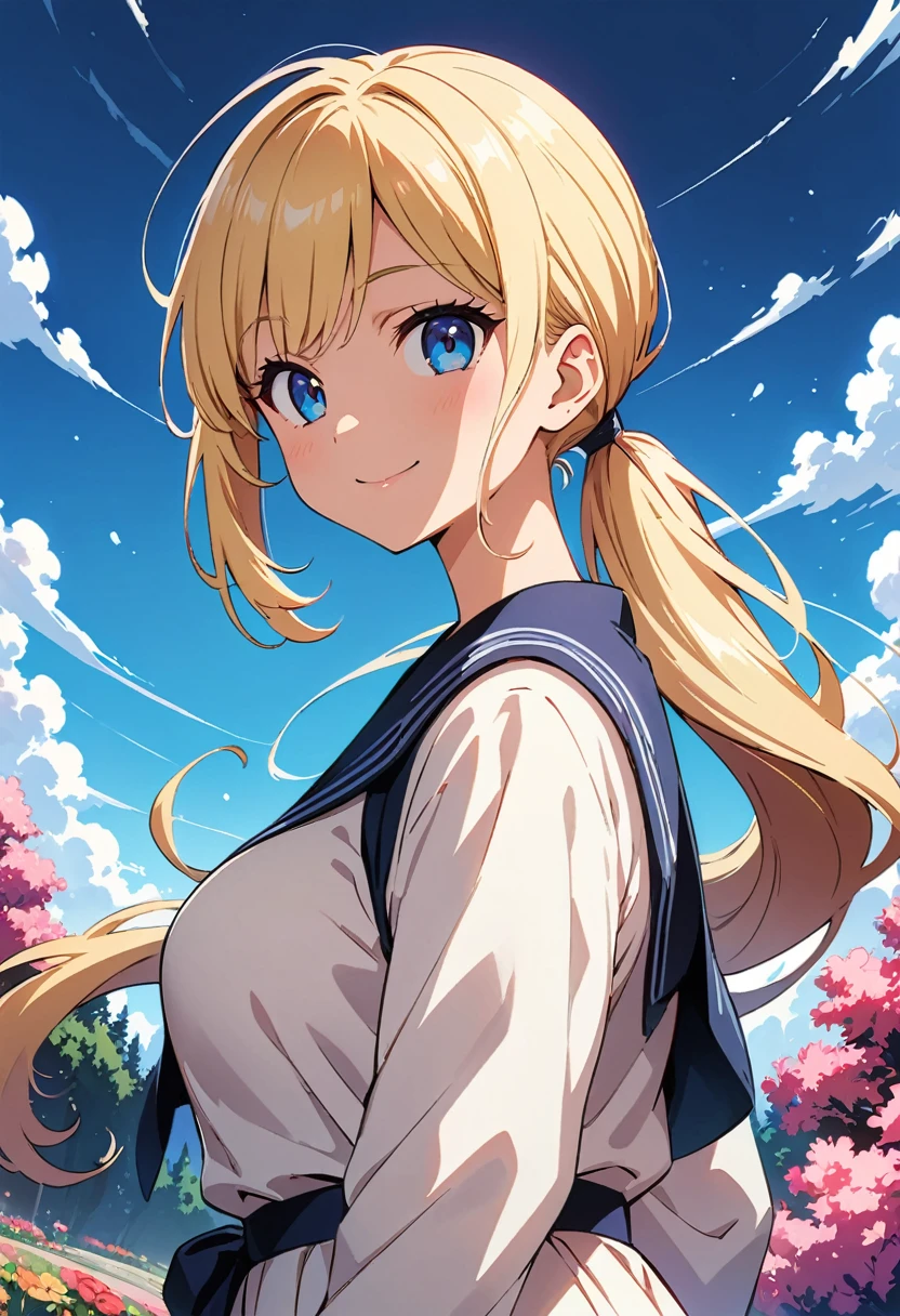 (Highest quality:1.2, Very detailed, Anime Style, Digital Painting, Studio Anime, Ultra-high resolution, High Contrast, masterpiece:1.2, Highest quality, Best aesthetics), 1 female, Long Hair, ponytail, Woman Turning Around, smile, bright、no lineart、Big Breastonochrome, halftone、Quite deformed、Gag Manga、Expressive、かわいいsmile