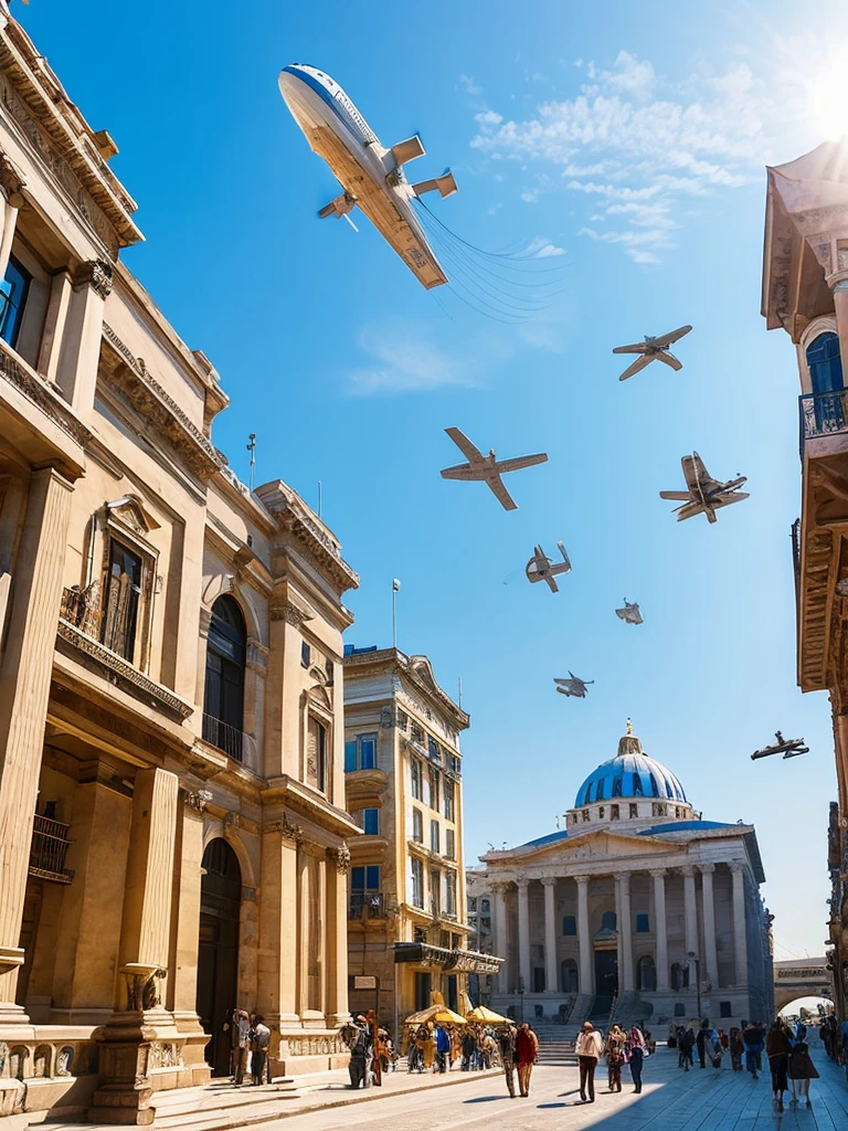 Create a city with Greek-style architecture. with airships hovering in the sky.