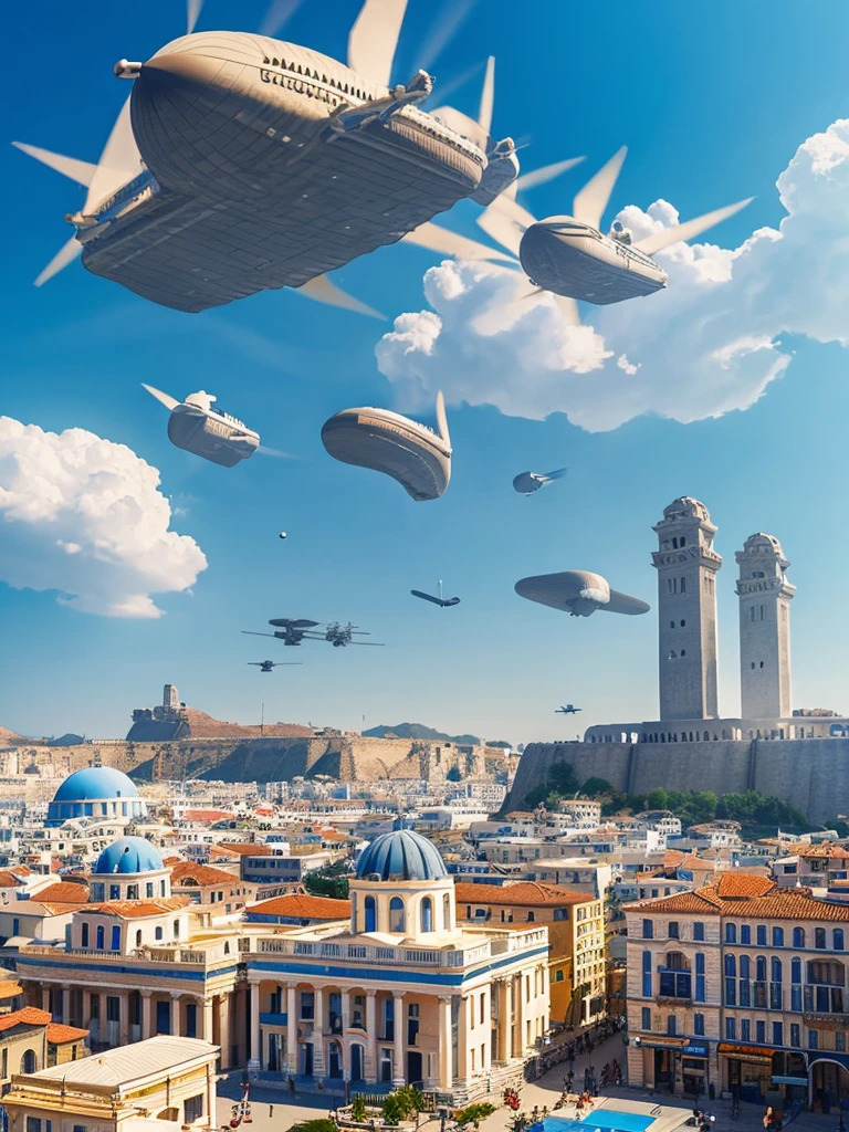 Create a city with Greek-style architecture. with airships hovering in the sky.