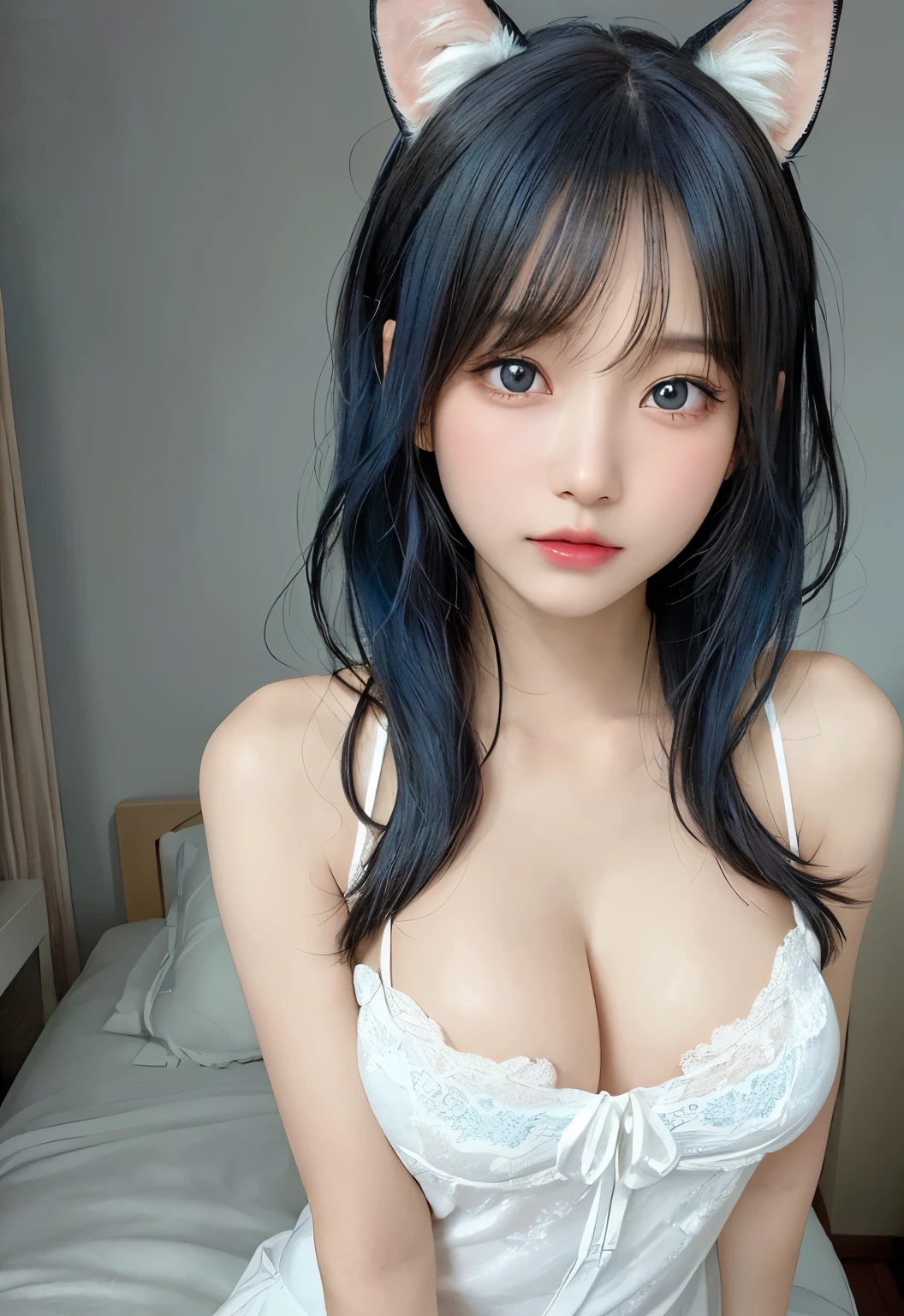 (ung girl), Anime girl with amazing face and blue eyes, 白衬衫和Blue Hair, Anime cute art style, Hestia, Cute girl anime visual, Hinake, Produced by Anime Painter Studio, Anime grandma, Ayaka Genshin Impact, 动漫the best女孩, Cartoon animation, Cute anime girl, qamoyed, Anime style 4k, Anime girl's eyes, blue eyes, (Very beautiful girl), (the bestquality:1.4), (Super detailed), (masterpiece, the best_quality, Super detailed, 8K, Ultra HD, Flawless:1.latin Blue Hair, Blue Hair,Catwoman,, Cat ears, Glowing pink eyes, Shy, obey, Blushed, Moist oily skin, on the bed, What's the big deal胸, Heart tattoo above, , What's the big deal腿粗, Beautiful hip curve, 巨What's the big deal, only, Tight skin, Scantily clad,White lace top, collar, For the audience, Windows, bedroom, midnight, Sexy,,Japanese Goddess, Cardigan Shirt, Korean Girl, 美丽的Asian Girls, V-neck dress, Low-cut,巨What's the big deal,Expose the upper half of the chest,Not compact,下垂的What's the big deal胸,Beautiful Chinese model, Young and beautiful Korean woman, Japanese Models, thick lips,platypus,Asian Girls, Young and beautiful Korean woman, Wear a shirt, Beautiful Korean woman, 坐on the bed, Looking ahead,巨What's the big deal,What's the big deal,up,Portraits,super closeup,Facing the camera,Be careful when taking photos,Double tail,,European and American women,,Mature