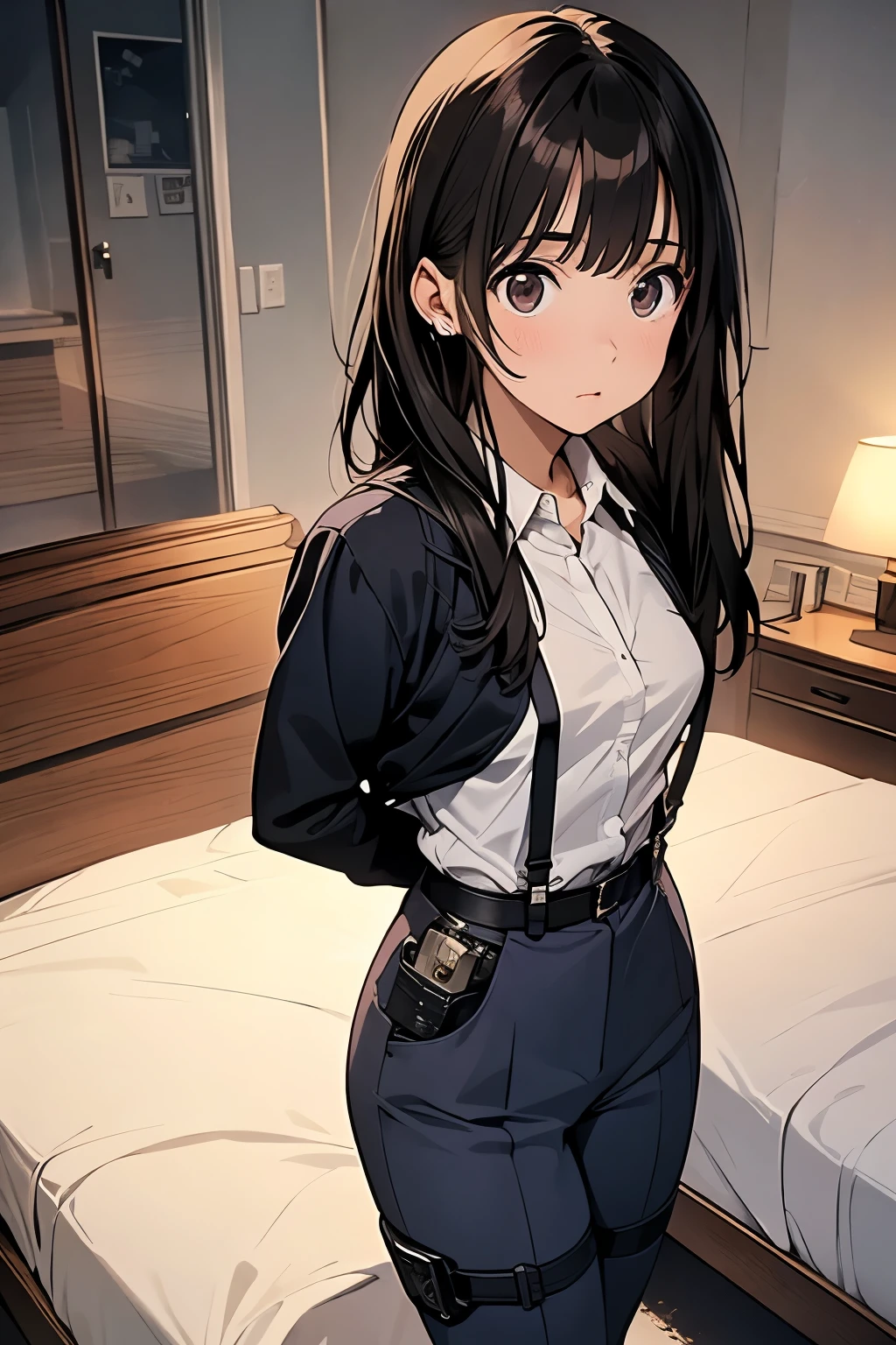 1 female, , high quality, masterpiece, Ultra-high resolution, , Cinema Lighting, , , And the suspenders with the cranes flying　　　Moderate breasts　 　 　　　　Small face　 　　　holster　　　　　　　 Lying in bed　Looking up　　　　Sweat 　　　belt　summer　脇Sweat 　Black Hole Gloves　suit　shirt　　Black jacket　 Black trousers　Leg Links　ズボンにbelt　　holster　 　　Hands behind your back　 Anxious expression　Looking up　Anxious face, legs apart　
