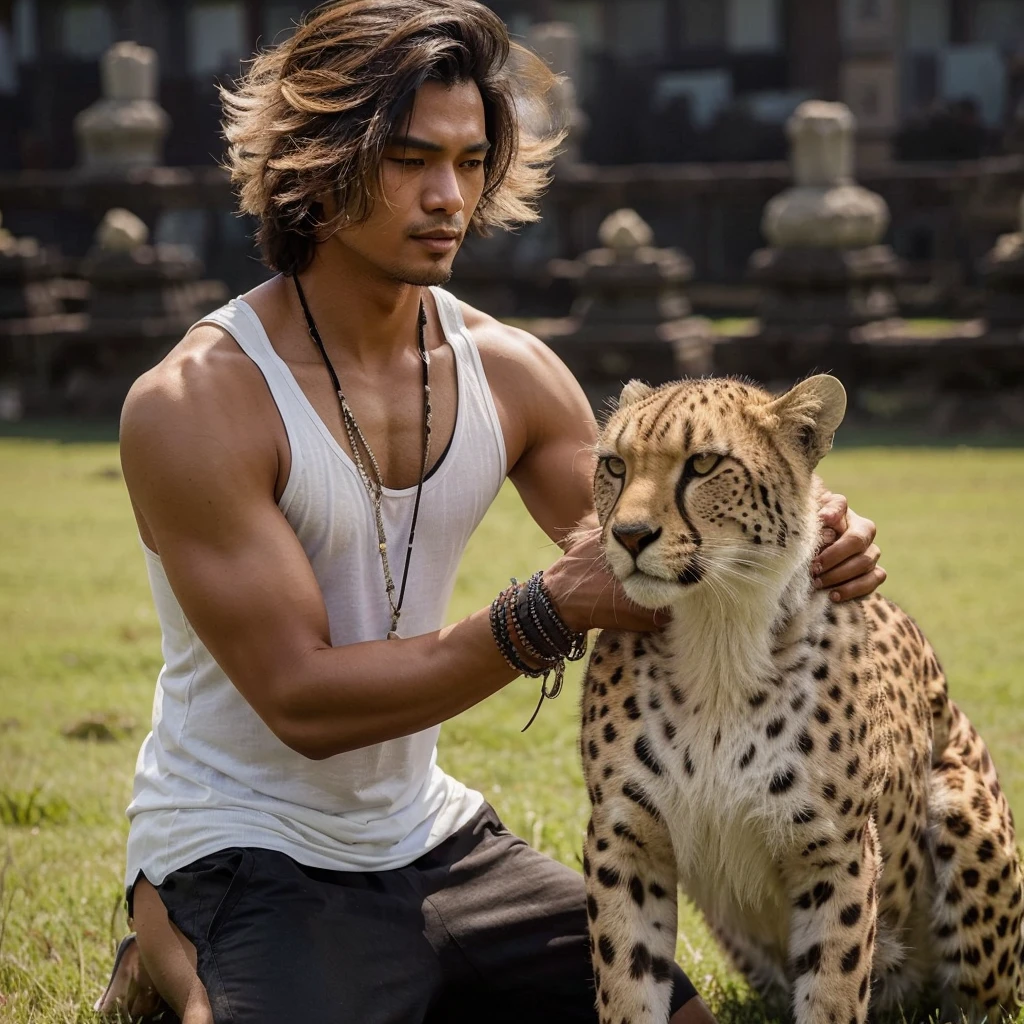 A handsome 30-year-old Indonesian man with layered hair, wearing a white tank top and black shorts, is playing with a large cheetah in a grassy field with Padang stones