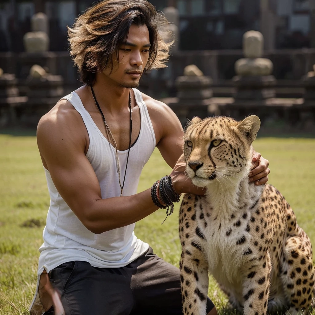 A handsome 30-year-old Indonesian man with layered hair, wearing a white tank top and black shorts, is playing with a large cheetah in a grassy field with Padang stones