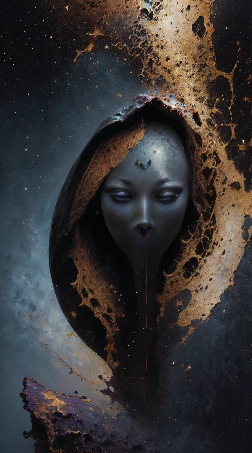 (body formed by galactic liquid mauevine and black metallic paint twisting into a beautiful interpretation of the female figure), au naturel,((complex galactic metallic colours in the foreground)), (( fluid mechanics, the loveliest smooth scale face makeup, smirky expression)) - red, black and gold, onyxia, metallic color palette g0s1