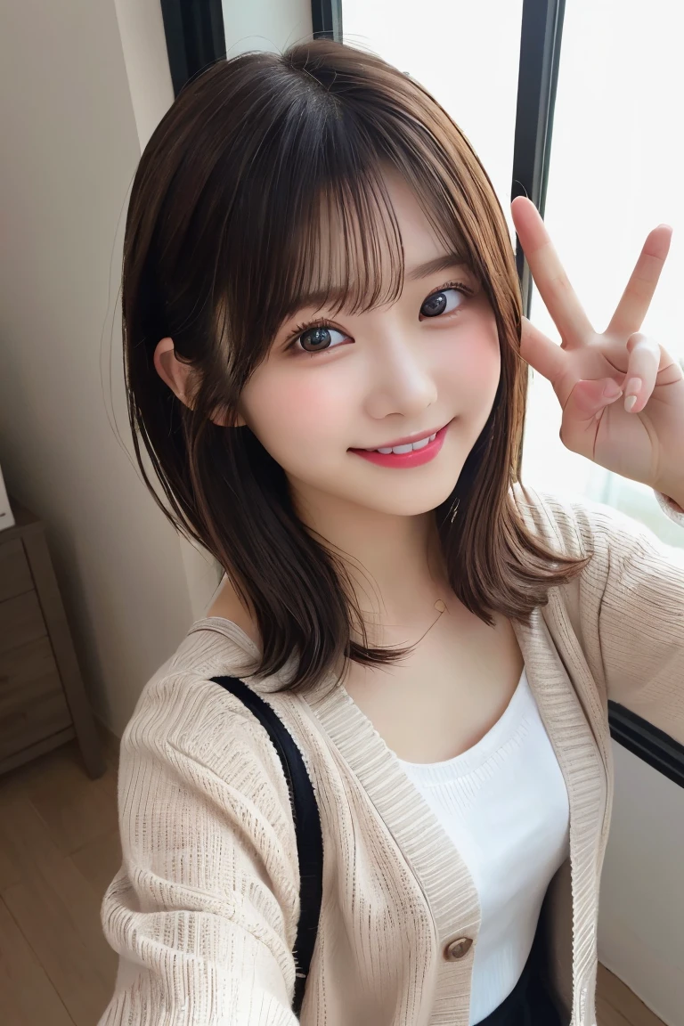 Highest quality、（beautiful）、Precision Eyes、Fine skin、Brown eyes、22-year-old female、Brown Hair、looking at the camera、Gal、Semi-short hair、cardigan、peace sign、Selfie、smile、Precision Hands、Shoot from above、camisole