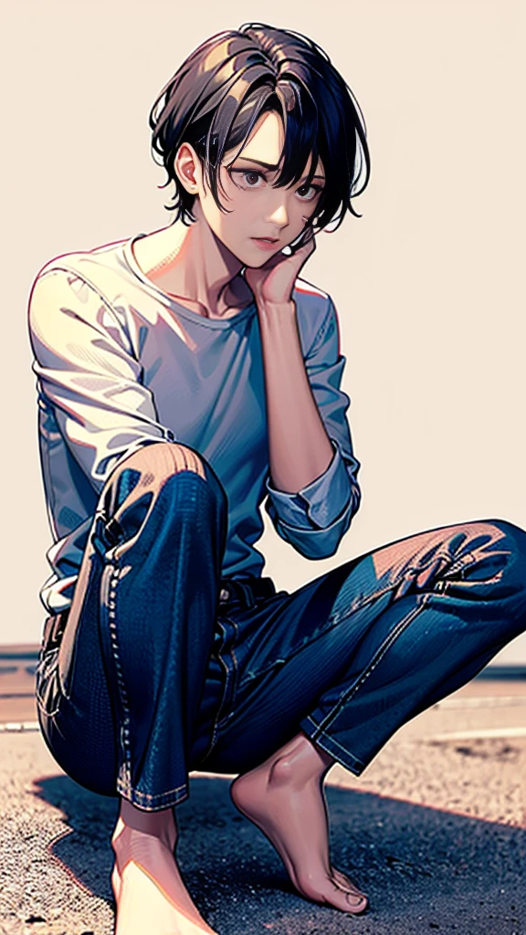 The person is also generated vertically.Create a highly detailed image of a mysterious and thoughtful young man in a crouched position. The character should have spiky black hair, large expressive eyes with dark circles, and a pale complexion. He is dressed in a loose-fitting white long-sleeve shirt and dark blue jeans. His pose is distinctive, with one hand near his mouth and the other resting on the ground for balance, and he is barefoot. Background is a little horror.