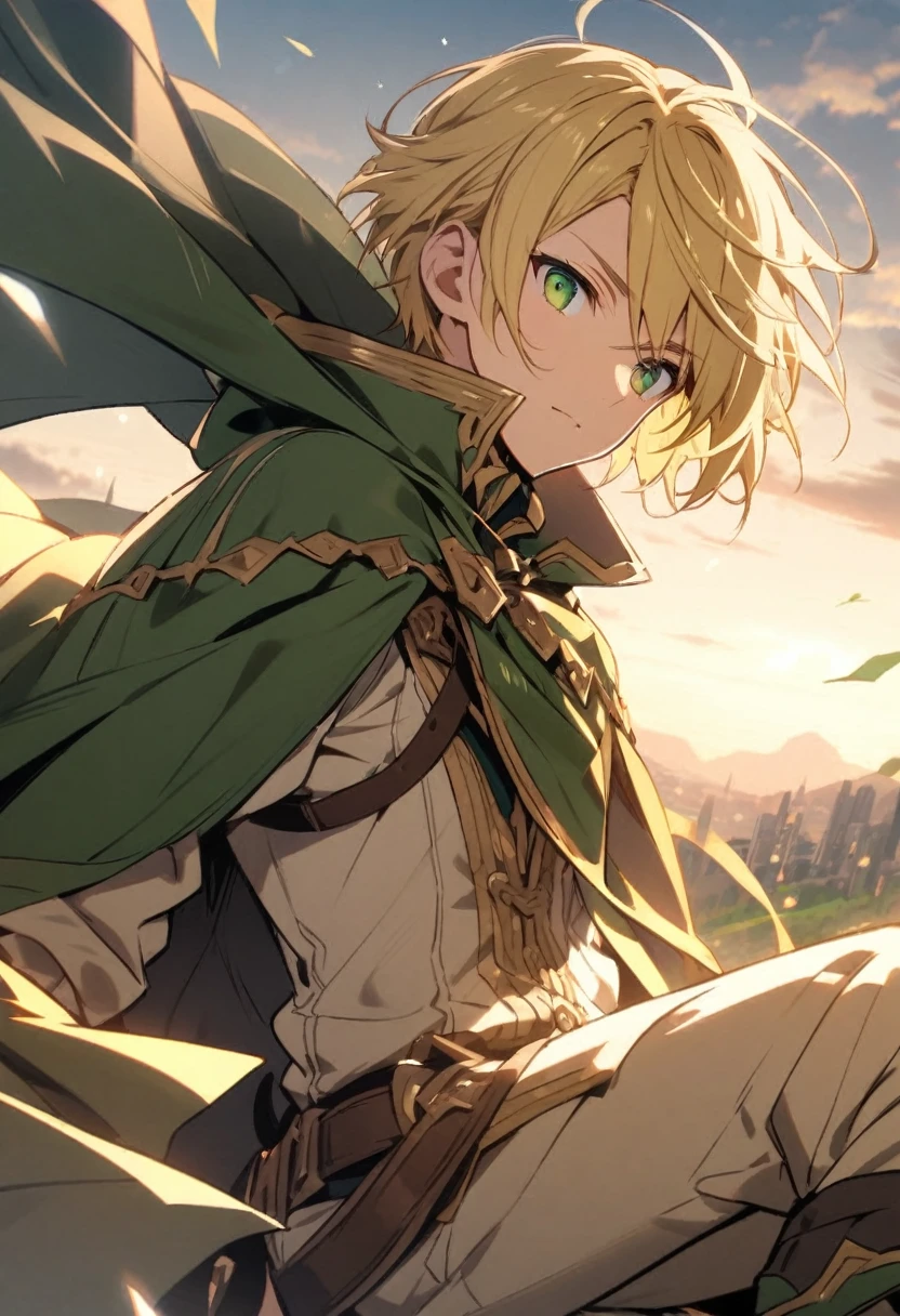 Boy with blonde hair, Green Eyes,  with cape 