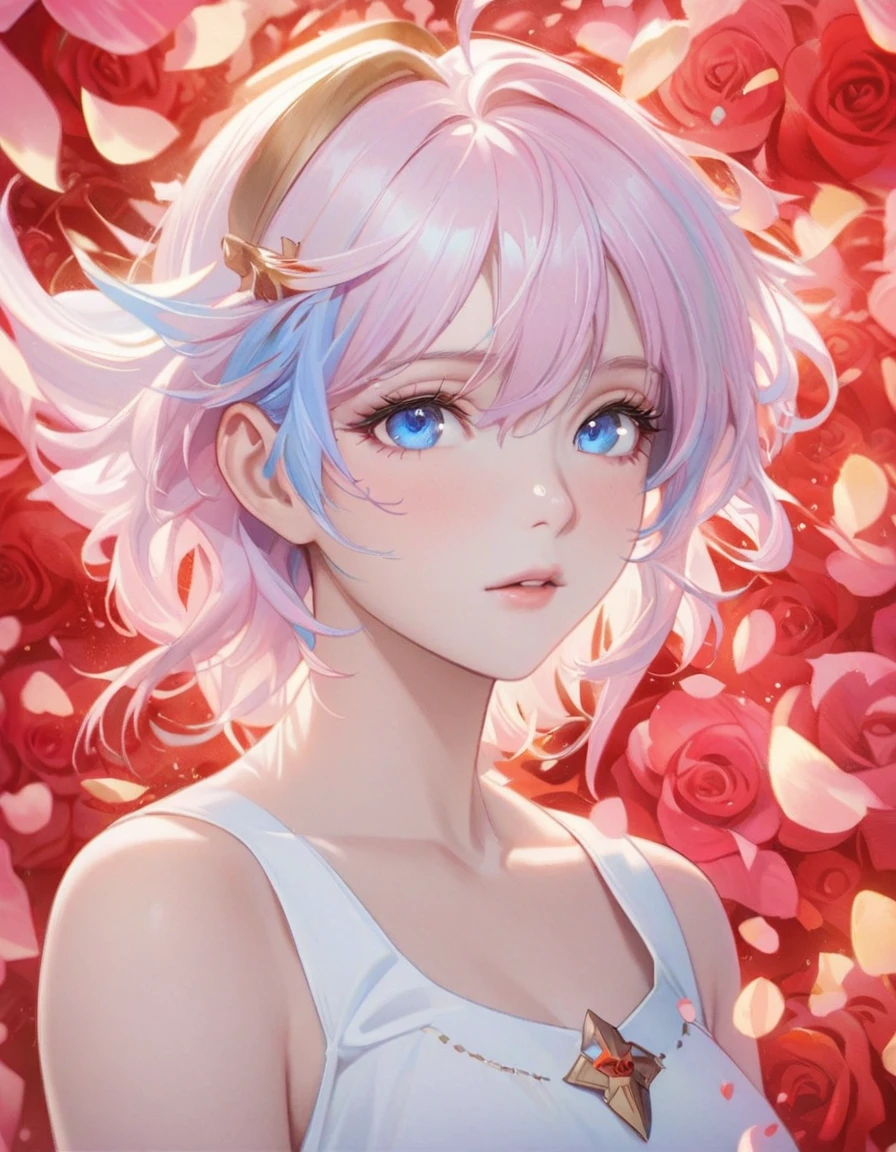 Anime girl with pink hair and blue eyes surrounded by rose petals, Portrait of a girl in the Knights of the Zodiac, Stunning Anime Face Portraits, Detailed digital anime art, Gwaiz, Beautiful anime portraits, Inspired by Yanjun Chen, 8k high quality detailed art, artwork in the style of Gwaiz, Smooth anime CG art, Yanjun Chent, Cute realistic portrait