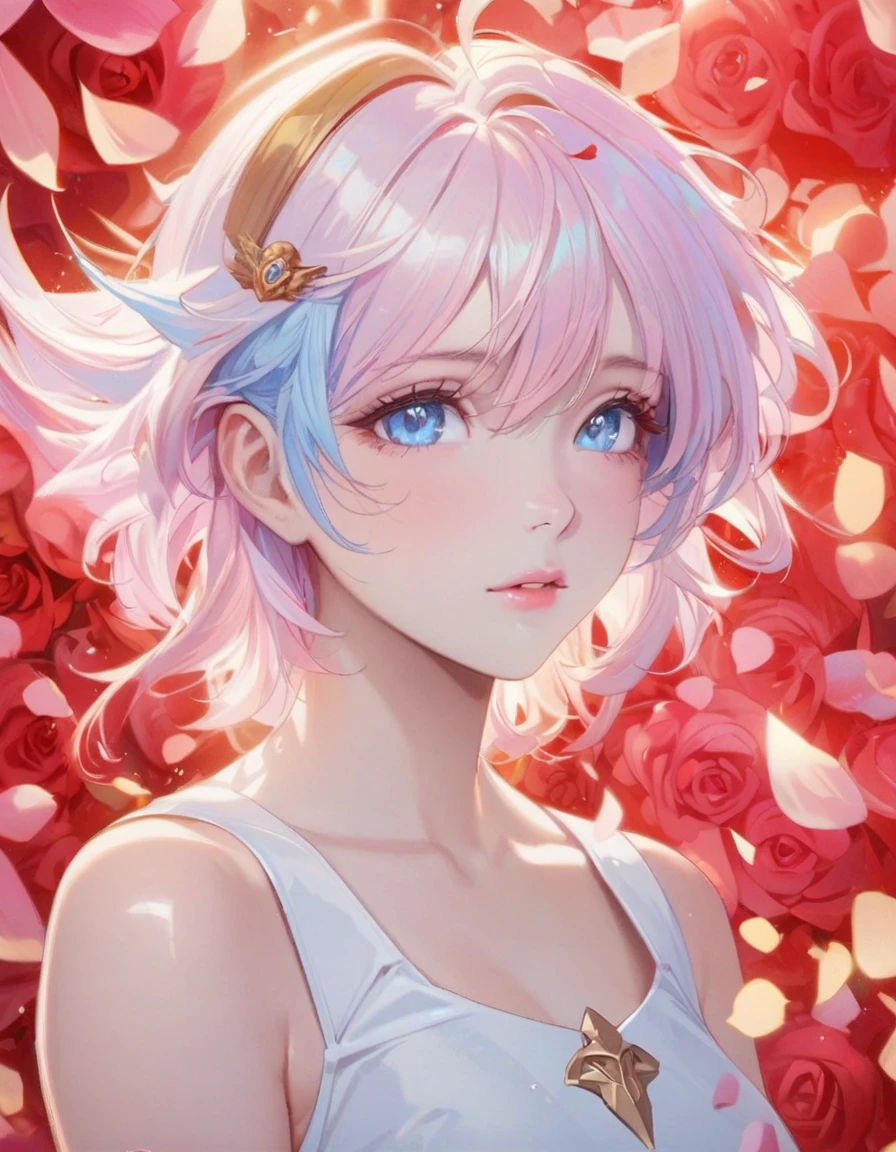 Anime girl with pink hair and blue eyes surrounded by rose petals, Portrait of a girl in the Knights of the Zodiac, Stunning Anime Face Portraits, Detailed digital anime art, Gwaiz, Beautiful anime portraits, Inspired by Yanjun Chen, 8k high quality detailed art, artwork in the style of Gwaiz, Smooth anime CG art, Yanjun Chent, Cute realistic portrait