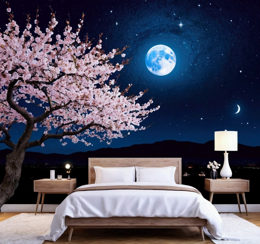 masterpiece,Best quality,bright,wallpaper,Starry Sky,Cherry blossoms,night,The moon is big and round