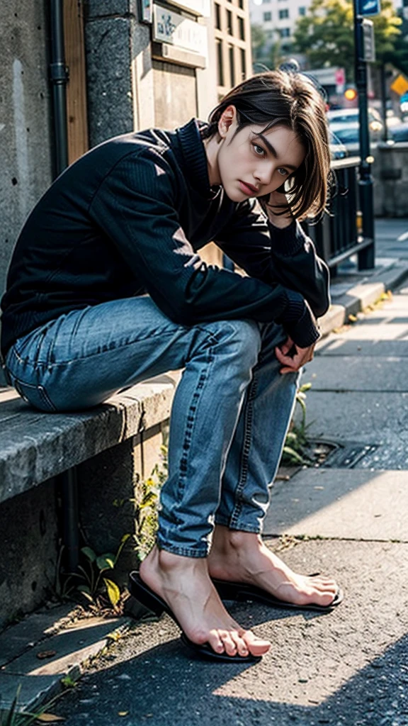 The person is also generated vertically.Create a highly detailed image of a mysterious and thoughtful young man in a crouched position. The character should have spiky black hair, large expressive eyes with dark circles, and a pale complexion. He is dressed in a loose-fitting white long-sleeve shirt and dark blue jeans. His pose is distinctive, with one hand near his mouth and the other resting on the ground for balance, and he is barefoot. Background is a little horror.