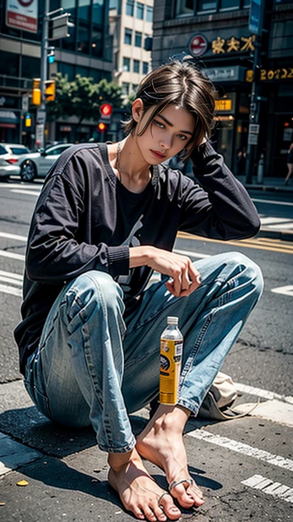 The person is also generated vertically.Create a highly detailed image of a mysterious and thoughtful young man in a crouched position. The character should have spiky black hair, large expressive eyes with dark circles, and a pale complexion. He is dressed in a loose-fitting white long-sleeve shirt and dark blue jeans. His pose is distinctive, with one hand near his mouth and the other resting on the ground for balance, and he is barefoot. Background is a little horror.