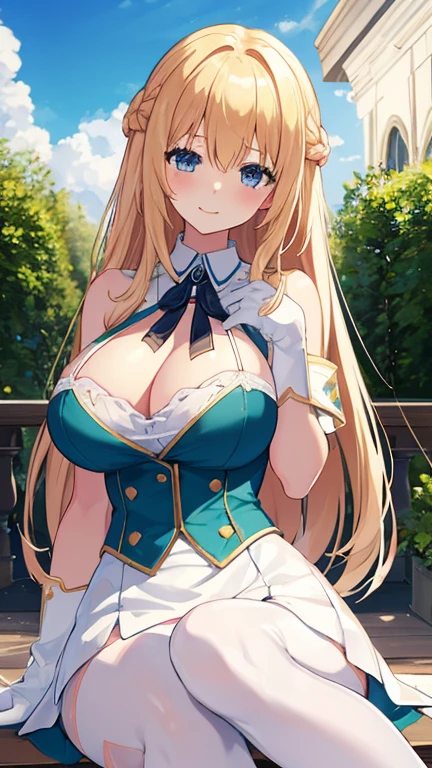 8K, RAW Photos, Highest quality, masterpiece:1.2, One girl,alone, Curvy, Blonde, blue eyes, blush, smile, Huge breasts, Cleavage, Long Hair, View your viewers, White Pantyhose, greenと白のドレス, White gloves, green_/Neptune Series/:1.1, Exposing breasts, Open clothes, Browsing Caution