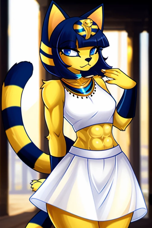 a sexy ankha with abs and a bare midriff wearing a crop top white dress with long white dress skirt, yellow cat, digital art, cat tail, digital art, blue eyes, furry style, smling