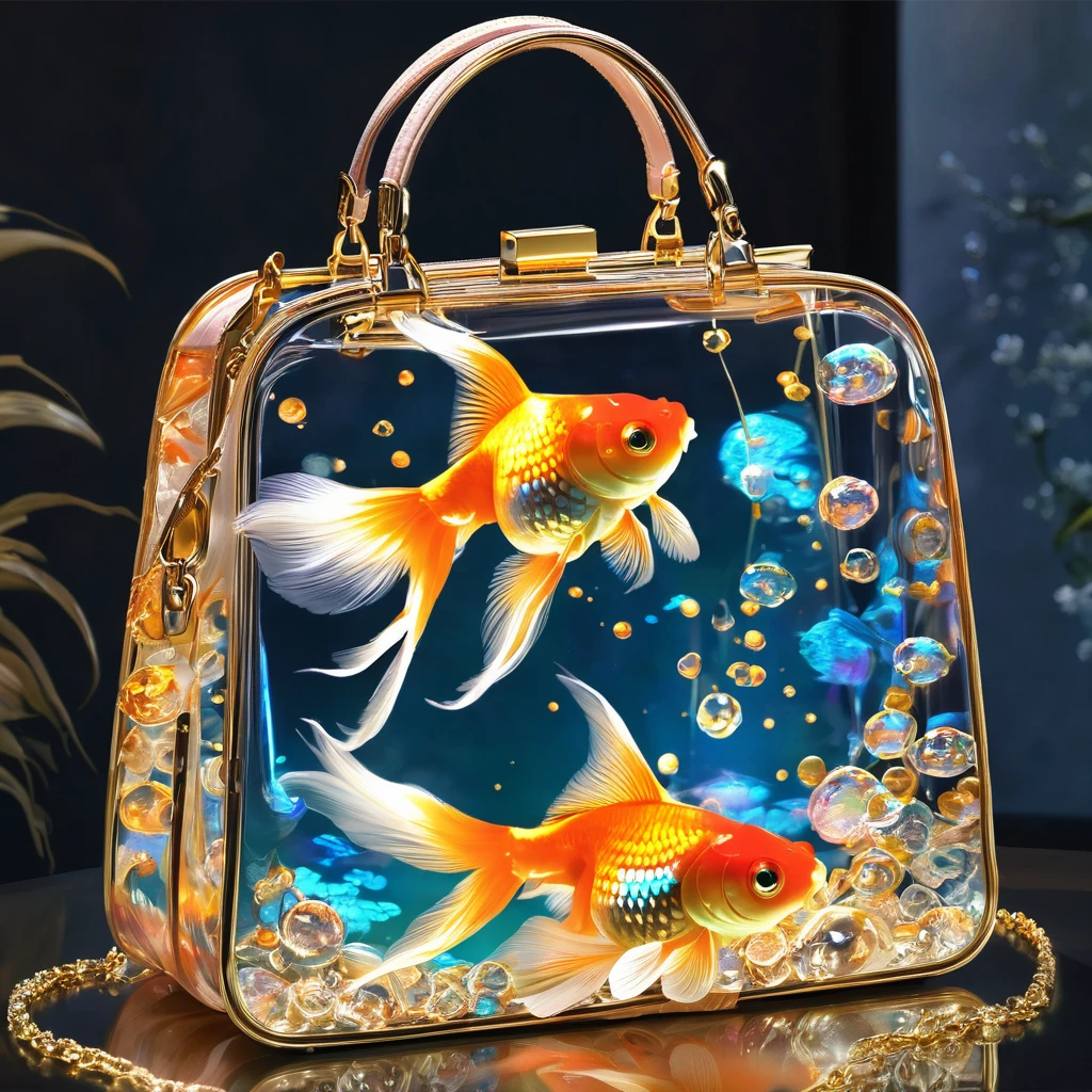 (masterpiece, best quality:1.2),Goldfish in a handbag。，Luminescence
