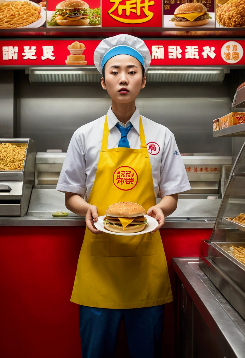 (a Fast Food Worker), full body, award-winning, cinematic still, emotional, vignette, dynamic, vivid, (masterpiece, best quality, Professional, perfect composition, very aesthetic, absurdres, ultra-detailed, intricate details:1.3)
