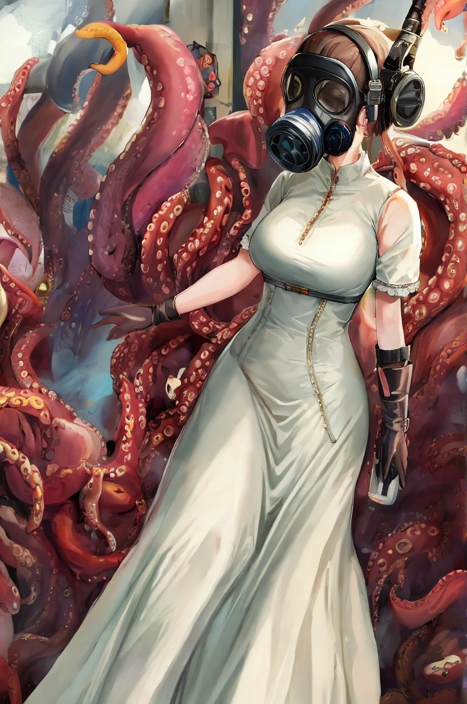 master piece, high quality, 8k, respirator, 1woman, gas mask, latex, 0ct4dr3ss, (tentacle dress), long dress,